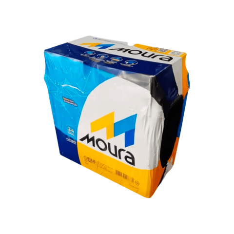 Embalagem ilustrativa de bateria Moura; modelo anunciado M50JD, positivo à direita