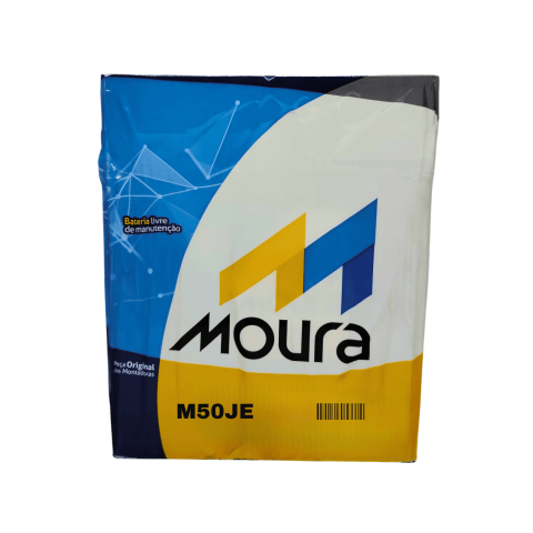 Embalagem ilustrativa de bateria Moura; modelo anunciado M50JE, positivo à esquerda