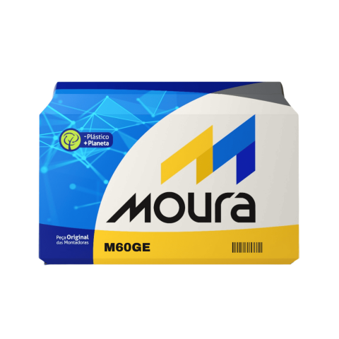 Embalagem ilustrativa de bateria Moura; modelo anunciado M60GE, positivo à esquerda