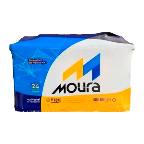 Embalagem da bateria Moura M70KD, positivo à direita
