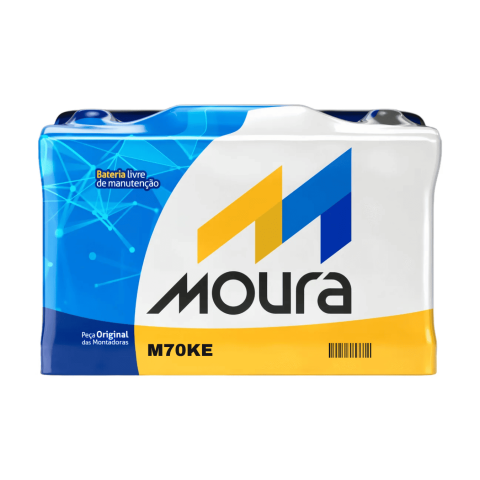 Embalagem ilustrativa de bateria Moura; modelo anunciado M70KE, positivo à esquerda
