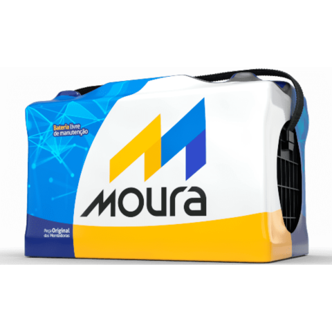 Embalagem ilustrativa de bateria Moura; modelo anunciado M90TD, positivo à direita