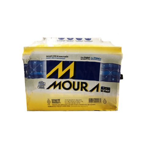 Embalagem da bateria Moura M90TE, positivo à esquerda